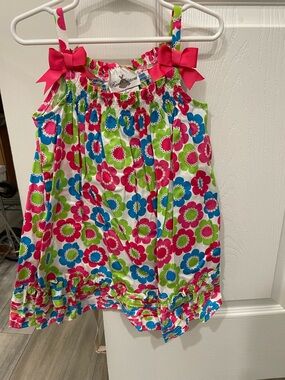 Rare Editions Pink Blue Green Floral Sundress with Bows